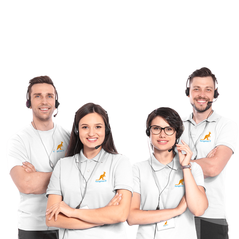 A team of professionals in white shirts and headsets working together on computer repairs, showcasing expertise and collaboration.