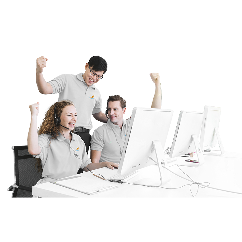 Three professionals in white shirts, raising their arms in satisfaction after successfully receiving a Repair Computer Service, symbolising a high-quality solution.