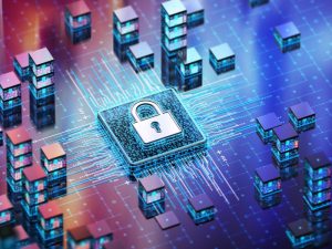 Cybersecurity audit concept with padlock icon and network data blocks, representing digital protection and security.