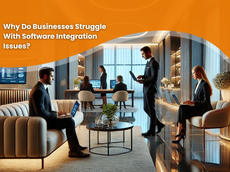 Business professionals in a modern office discussing software integration issues with multiple screens displaying data and insights.