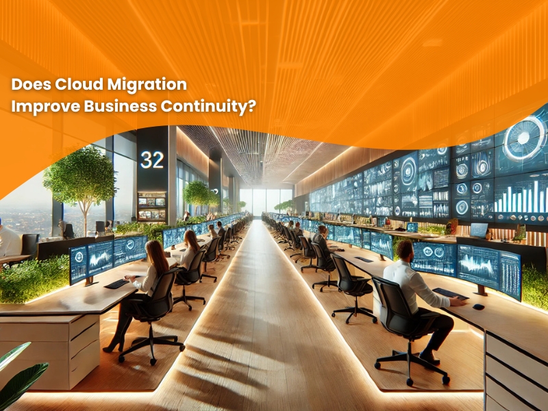 A modern, well-lit office space with employees working on multiple screens. The text "Cloud Migration" highlights the potential benefits of this technology for business continuity.