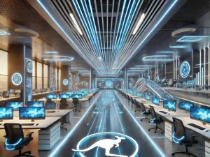 Futuristic IT office addressing IT issues with glowing data streams, advanced workstations, and neon lighting.